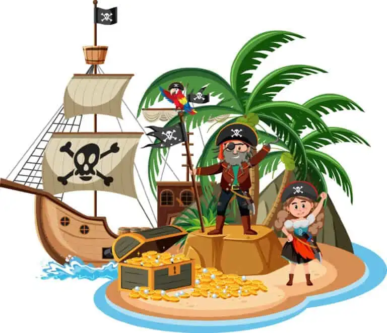 Pirate Ship On Island With Pirates Cartoon Character Isolated On White Background Free Vector 768x661 1